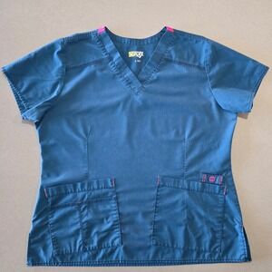 WonderFlex Womens V-Neck Scrub Top Teal Blue‎ Pink Trim Size L Pocketed Vented